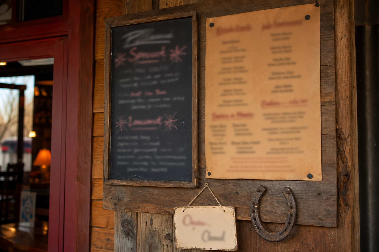 Rustic menu and specials board beside a horseshoe on a wood wall