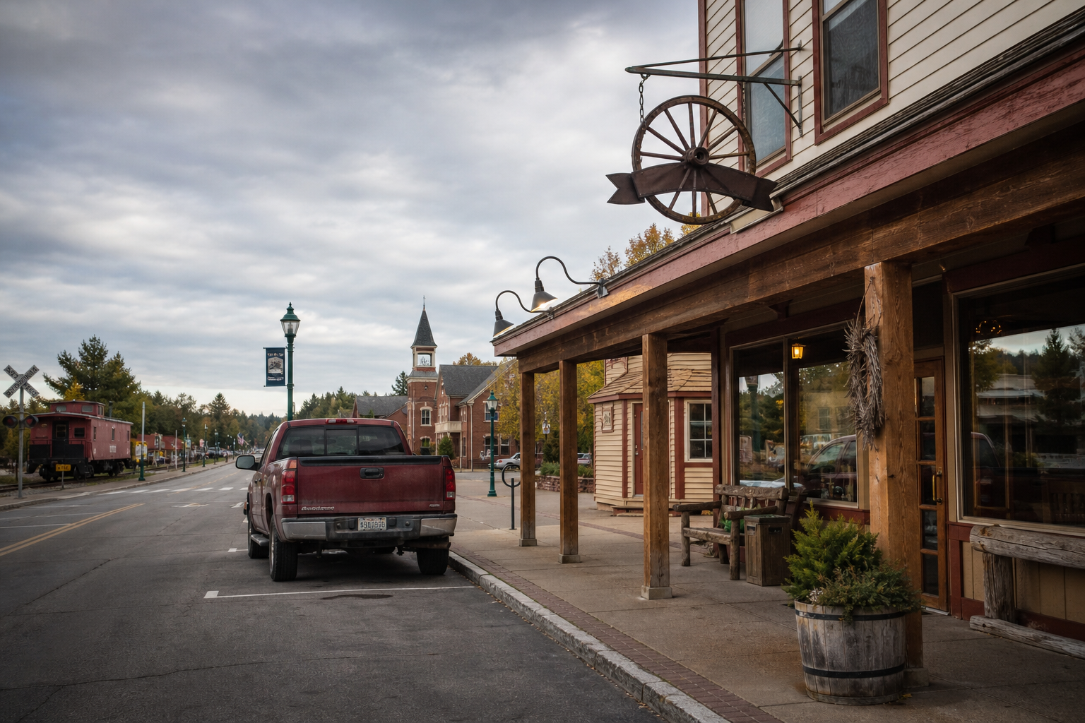 Rustic western family restaurant exterior on a small Maine town street