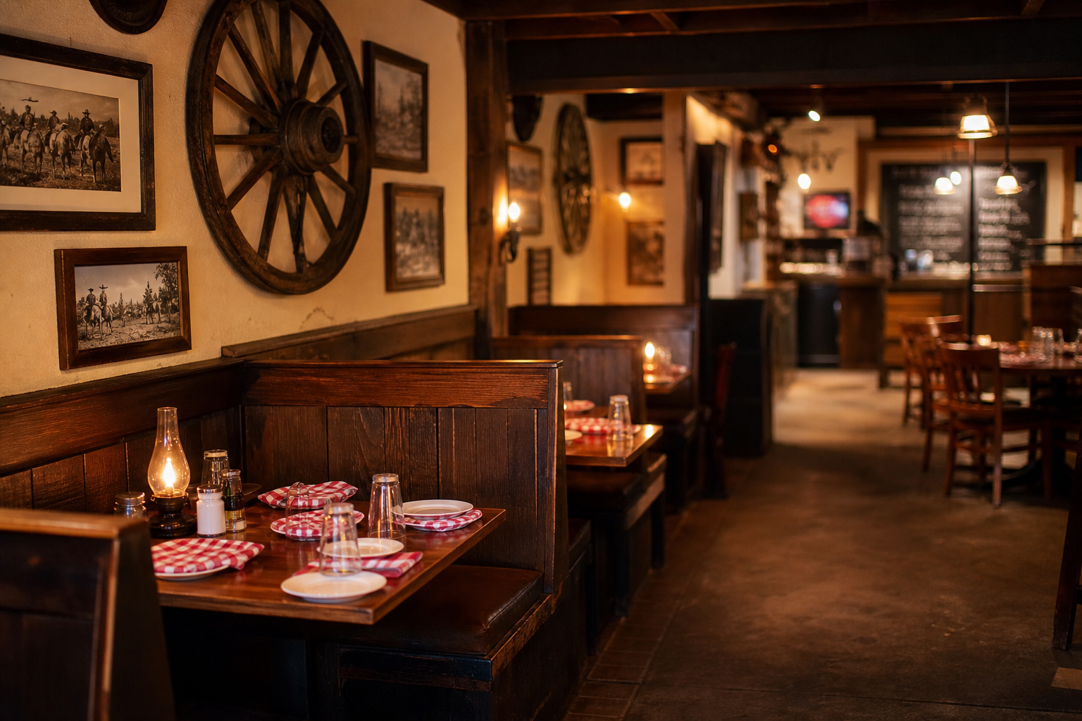 Warm western-themed dining room with wood booths and wagon wheel decor