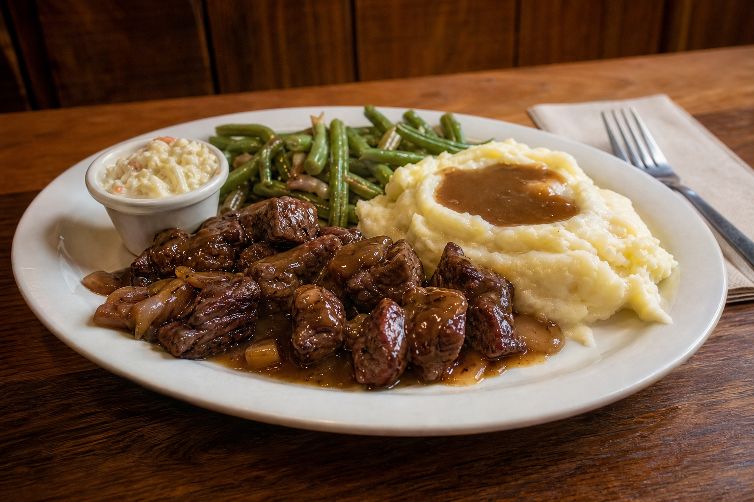 Sirloin tips with mashed potatoes and green beans on a rustic diner table